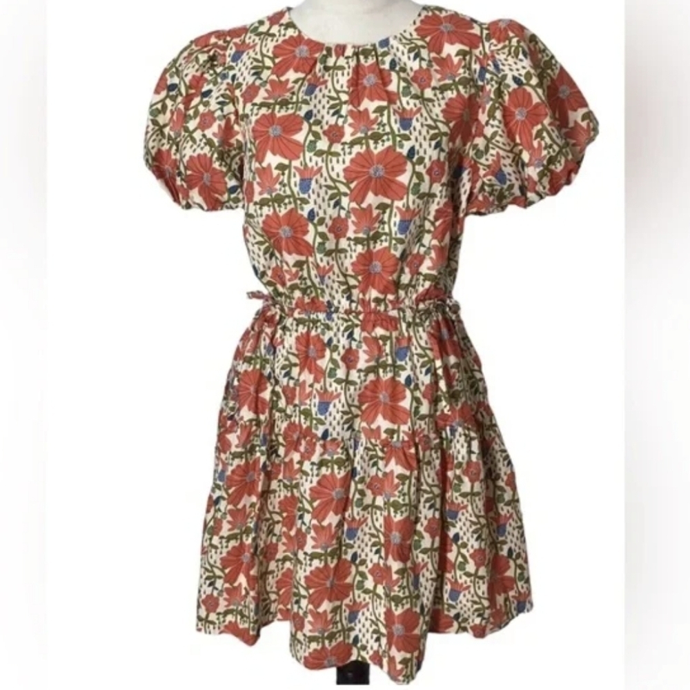 &merci Floral Puff Sleeve Mini Dress Rust White Botanical Tiered Skirt L